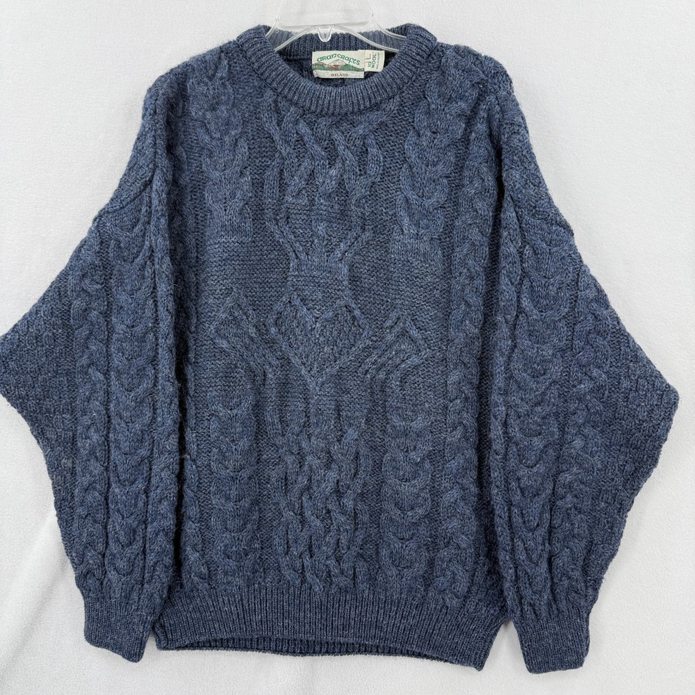 Aran Crafts Sweater Mens Large Blue 100% Wool Cable Knit Ireland Vintage